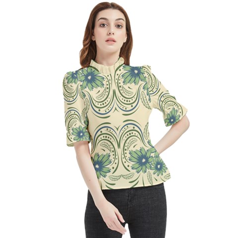 Folk Flowers Print Floral Pattern Ethnic Art Frill Neck Blouse by Eskimos