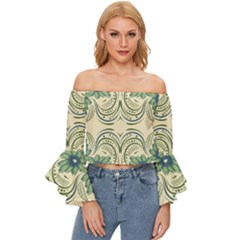 Folk Flowers Print Floral Pattern Ethnic Art Off Shoulder Flutter Bell Sleeve Top by Eskimos