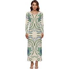 Folk Flowers Print Floral Pattern Ethnic Art Long Sleeve Velour Longline Maxi Dress by Eskimos