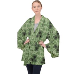 Folk Flowers Print Floral Pattern Ethnic Art Long Sleeve Velvet Kimono  by Eskimos