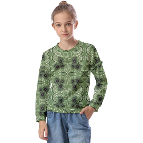 Folk Flowers Print Floral Pattern Ethnic Art Kids  Long Sleeve Tee With Frill  by Eskimos