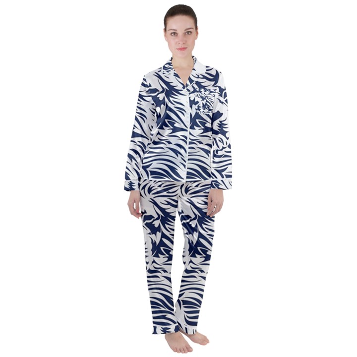 Head Art-lion Drawing Satin Long Sleeve Pajamas Set