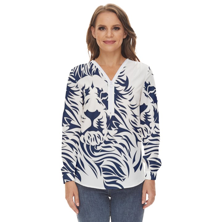 Head Art-lion Drawing Zip Up Long Sleeve Blouse