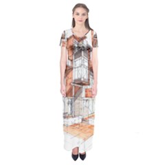 Rag-flats-onion-flats-llc-architecture-drawing Graffiti-architecture Short Sleeve Maxi Dress by Jancukart