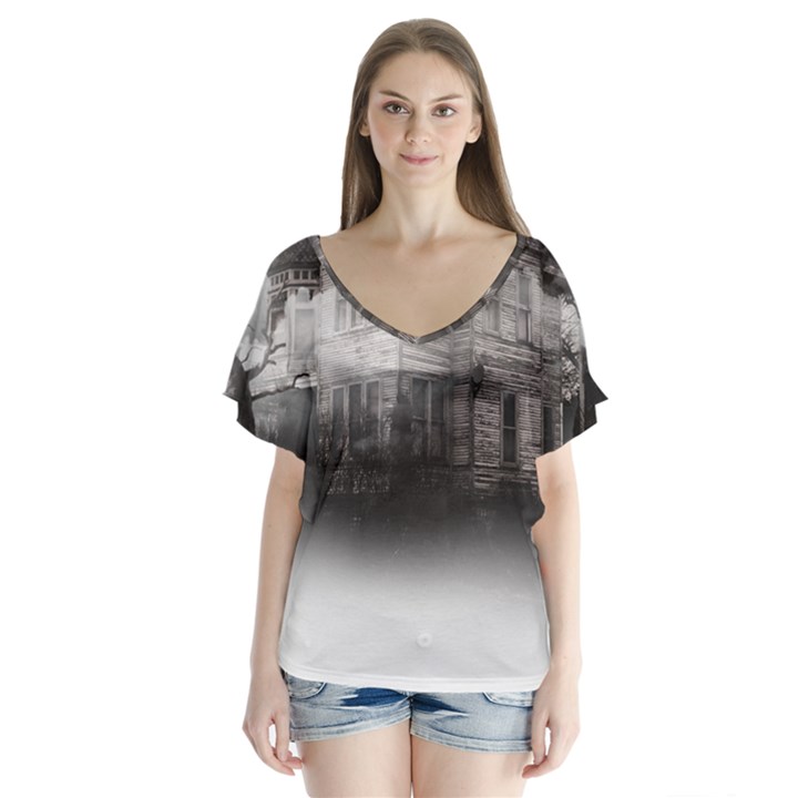 Haunted-night Building V-Neck Flutter Sleeve Top