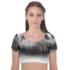 Haunted-night Building Velvet Short Sleeve Crop Top  by Jancukart