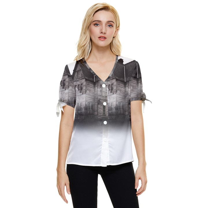 Haunted-night Building Bow Sleeve Button Up Top