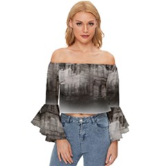 Haunted-night Building Off Shoulder Flutter Bell Sleeve Top by Jancukart