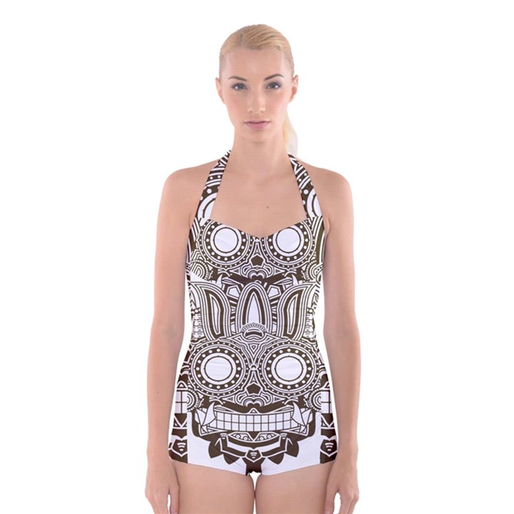 Barong-mask-art-bali Boyleg Halter Swimsuit 