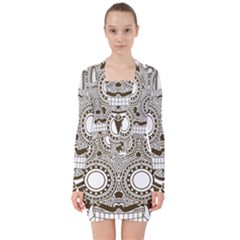 Barong-mask-art-bali V-neck Bodycon Long Sleeve Dress