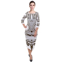 Barong-mask-art-bali Quarter Sleeve Midi Velour Bodycon Dress