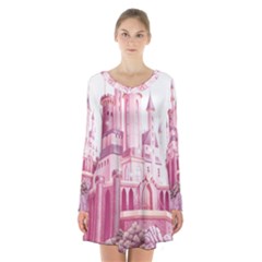 Pink Castle Long Sleeve Velvet V-neck Dress