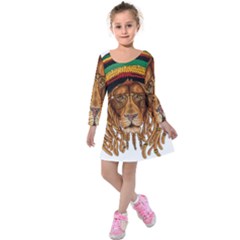 Lion Rastafari Kids  Long Sleeve Velvet Dress by Jancukart