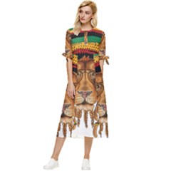 Lion Rastafari Bow Sleeve Chiffon Midi Dress