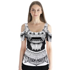 Balinese-art Barong-drawing-bali Butterfly Sleeve Cutout Tee 