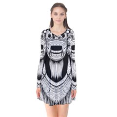 Balinese-art Barong-drawing-bali Long Sleeve V-neck Flare Dress