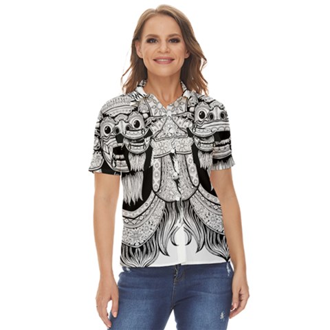 Balinese-art Barong-drawing-bali Women s Short Sleeve Double Pocket Shirt by Jancukart