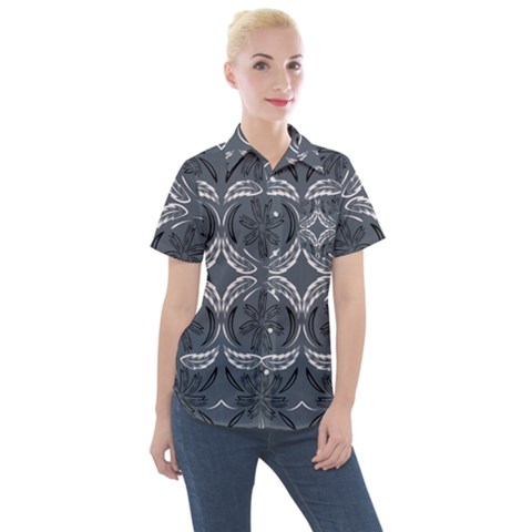 Folk Flowers Print Floral Pattern Ethnic Art Women s Short Sleeve Pocket Shirt by Eskimos