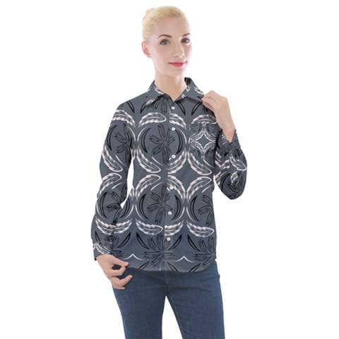 Folk Flowers Print Floral Pattern Ethnic Art Women s Long Sleeve Pocket Shirt by Eskimos