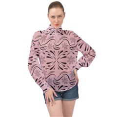 Folk Flowers Print Floral Pattern Ethnic Art High Neck Long Sleeve Chiffon Top by Eskimos