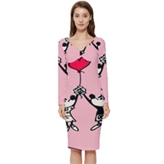 Baloon Love Mickey & Minnie Mouse Long Sleeve V-neck Bodycon Dress 