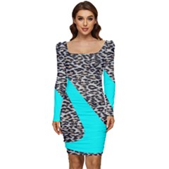 Just Do It Leopard Silver Women Long Sleeve Ruched Stretch Jersey Dress