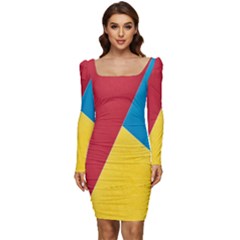 Tri Calor Background-color Women Long Sleeve Ruched Stretch Jersey Dress