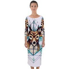 Deer-unicorn-tattoo-drawing-vector-watercolor Quarter Sleeve Midi Bodycon Dress