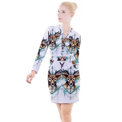 Deer-unicorn-tattoo-drawing-vector-watercolor Button Long Sleeve Dress