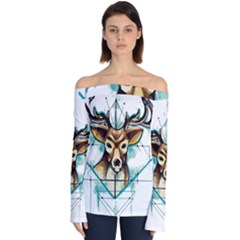 Deer-unicorn-tattoo-drawing-vector-watercolor Off Shoulder Long Sleeve Top