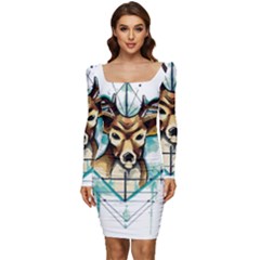 Deer-unicorn-tattoo-drawing-vector-watercolor Women Long Sleeve Ruched Stretch Jersey Dress