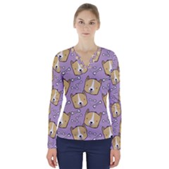 Corgi Pattern V-neck Long Sleeve Top by Sudhe