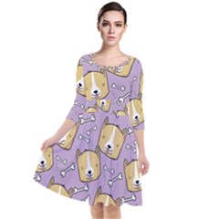 Corgi Pattern Quarter Sleeve Waist Band Dress by Sudhe