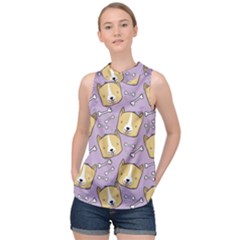 Corgi Pattern High Neck Satin Top by Sudhe