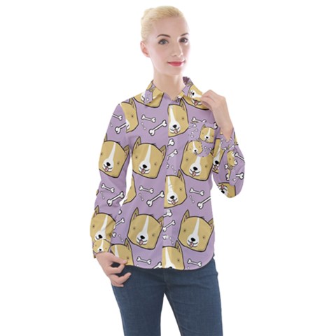 Corgi Pattern Women s Long Sleeve Pocket Shirt by Sudhe