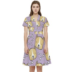 Corgi Pattern Short Sleeve Waist Detail Dress