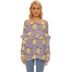 Corgi Pattern Off Shoulder Chiffon Pocket Shirt by Sudhe