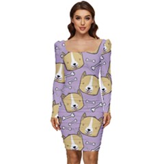 Corgi Pattern Women Long Sleeve Ruched Stretch Jersey Dress