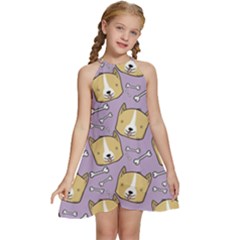 Corgi Pattern Kids  Halter Collar Waist Tie Chiffon Dress