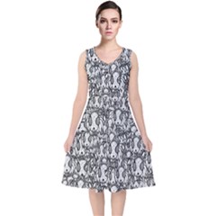 Sketchy Monster Insect Drawing Motif Pattern V-neck Midi Sleeveless Dress 