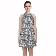 Sketchy Monster Insect Drawing Motif Pattern Velvet Halter Neckline Dress 