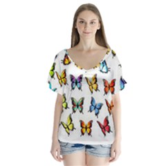 Big Collection Off Colorful Butterfiles V-neck Flutter Sleeve Top by nate14shop