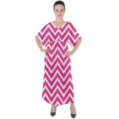 Chevrons - Pink V-neck Boho Style Maxi Dress