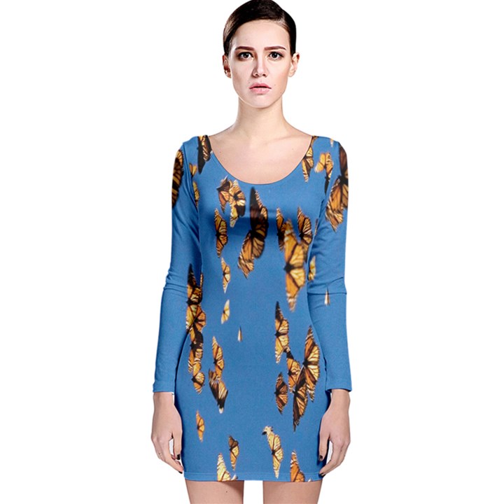 Eastern Monarch Butterfly Long Sleeve Velvet Bodycon Dress