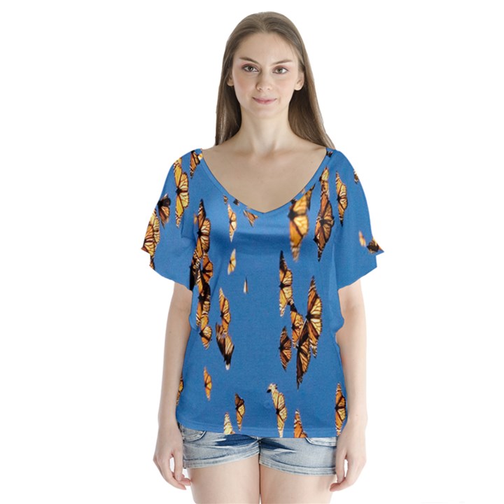 Eastern Monarch Butterfly V-Neck Flutter Sleeve Top