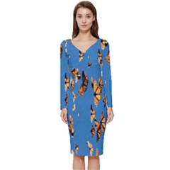 Eastern Monarch Butterfly Long Sleeve V-Neck Bodycon Dress 