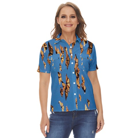 Eastern Monarch Butterfly Women s Short Sleeve Double Pocket Shirt by nate14shop