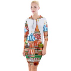 Moscow-kremlin-saint-basils-cathedral-red-square-l-vector-illustration-moscow-building Quarter Sleeve Hood Bodycon Dress by Jancukart