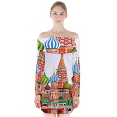 Moscow-kremlin-saint-basils-cathedral-red-square-l-vector-illustration-moscow-building Long Sleeve Off Shoulder Dress by Jancukart