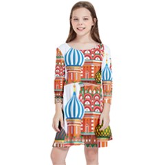 Moscow-kremlin-saint-basils-cathedral-red-square-l-vector-illustration-moscow-building Kids  Quarter Sleeve Skater Dress by Jancukart